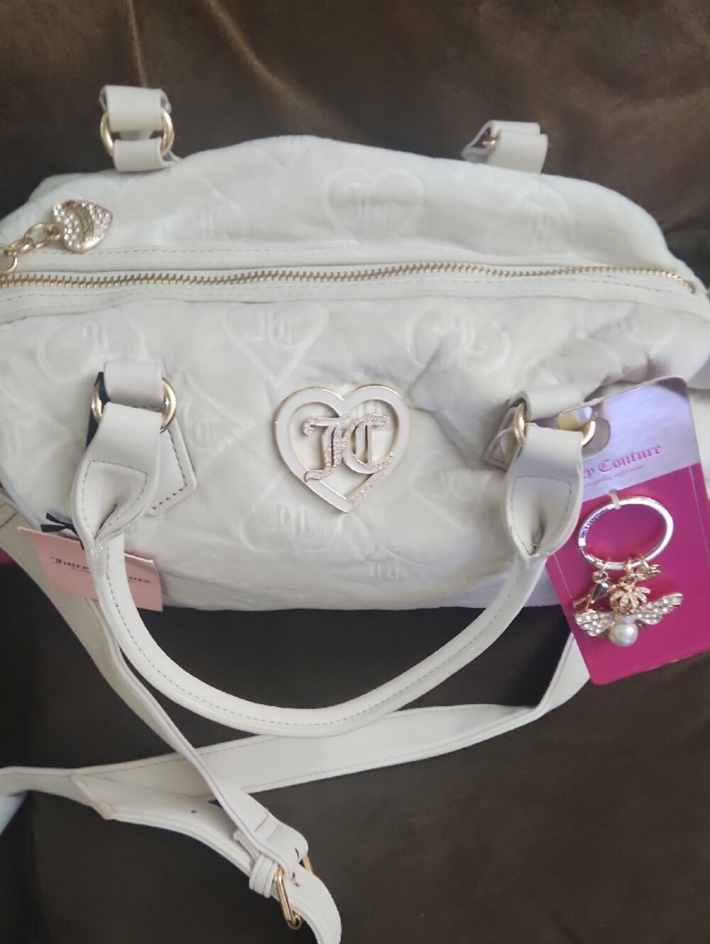 Juicy Couture Crystal Glitzed Out Satchel w/ Pink Pom Pom and Gold Charm Added.